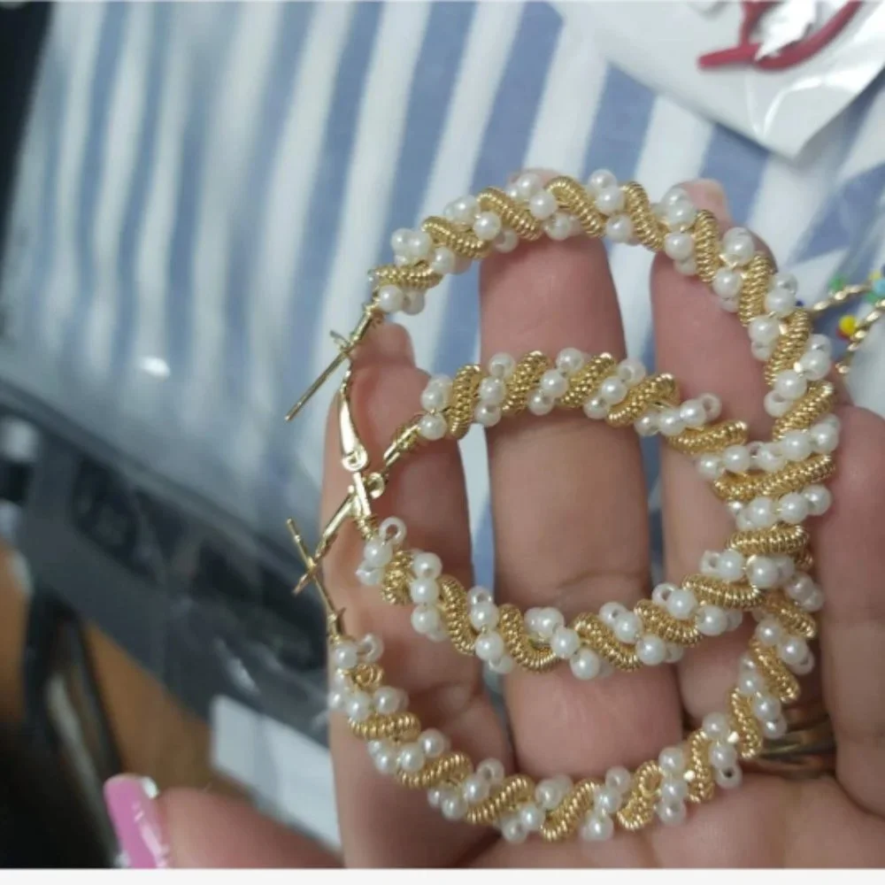 Gold Twisted Pearl Hoop Earrings | Braided Rope Style Elegant